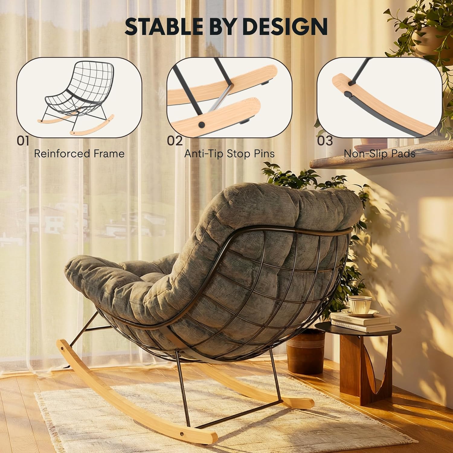 FLEXISPOT Oversized Papasan Rocking Chair with Thick Cushioned Seat & Bonus Throw Pillow Modern Patio Rocker Lounge Chair with Metal Frame & Wood Base Accent Chair for Porch Balcony Living Room Grey