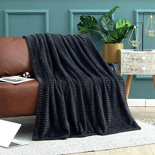 Vista 277 de Vessia Manta de franela de forro polar, 300GSM, acogedora manta a rayas verde salvia para sofá, cama y sofá, cálida y suave, acogedora manta