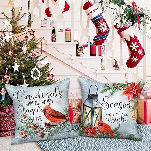 Miniatura 4 de Lanpn Juego de 4 fundas de almohada navideñas de 20 x 20 pulgadas, fundas de almohada decorativas de invierno con alce de pájaro de 20 x 20