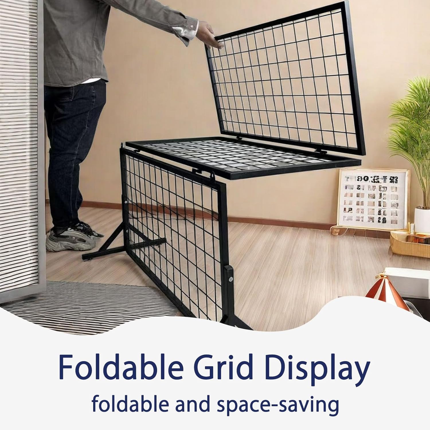 Black Grid Wall Panel Display Stand with Base & Caster Wheels, Folding Retail Rack for Space-Saving Merchandising, 150cm High x 80cm Wide, Versatile Gridwall Panels & Units