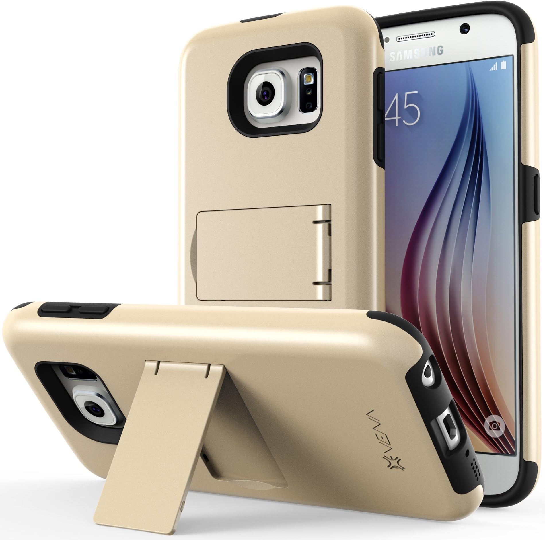 Galaxy S6 Case, VENA Legacy [Dual Layer Protection |Shock Absorption] Heavy Duty Cover with Kickstand [+1 HD Clear Screen Protector] for Samsung Galaxy S6 2015 (Champagne Gold & Black)