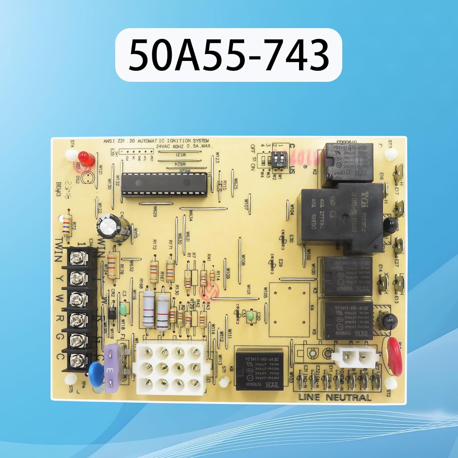 The DDORUU 50A55-743 Furnace Control Board clearly labeled with its model number.
