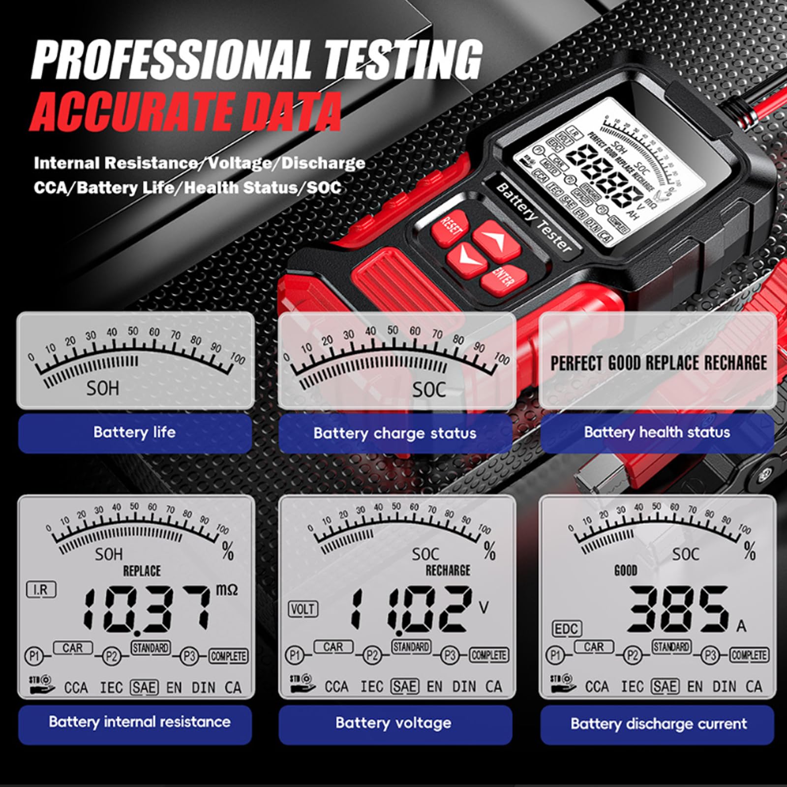 Tester akumulatora samochodowego 12 V 24 V: tester akumulatorów 12 V-24 V, duży wyświetlacz LCD, tester akumulatora samochodowego, zaciski miedziane o wysokiej czystości, do samochodów