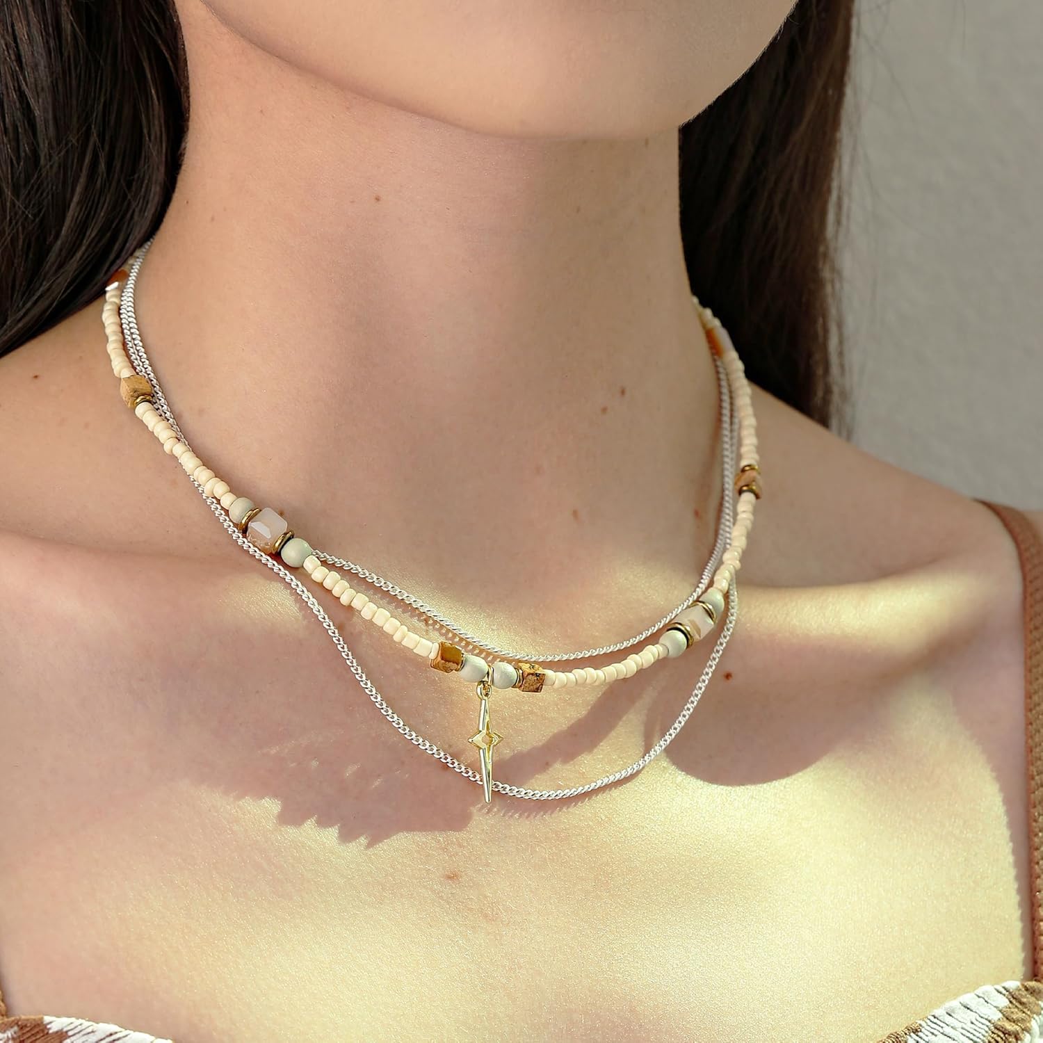 Beaded Necklace for Women Trendy, Boho Beaded Glass Silver Mixed Strand Short Necklace for Women Stacking layered necklaces Summer Beach Jewelry - Image 2