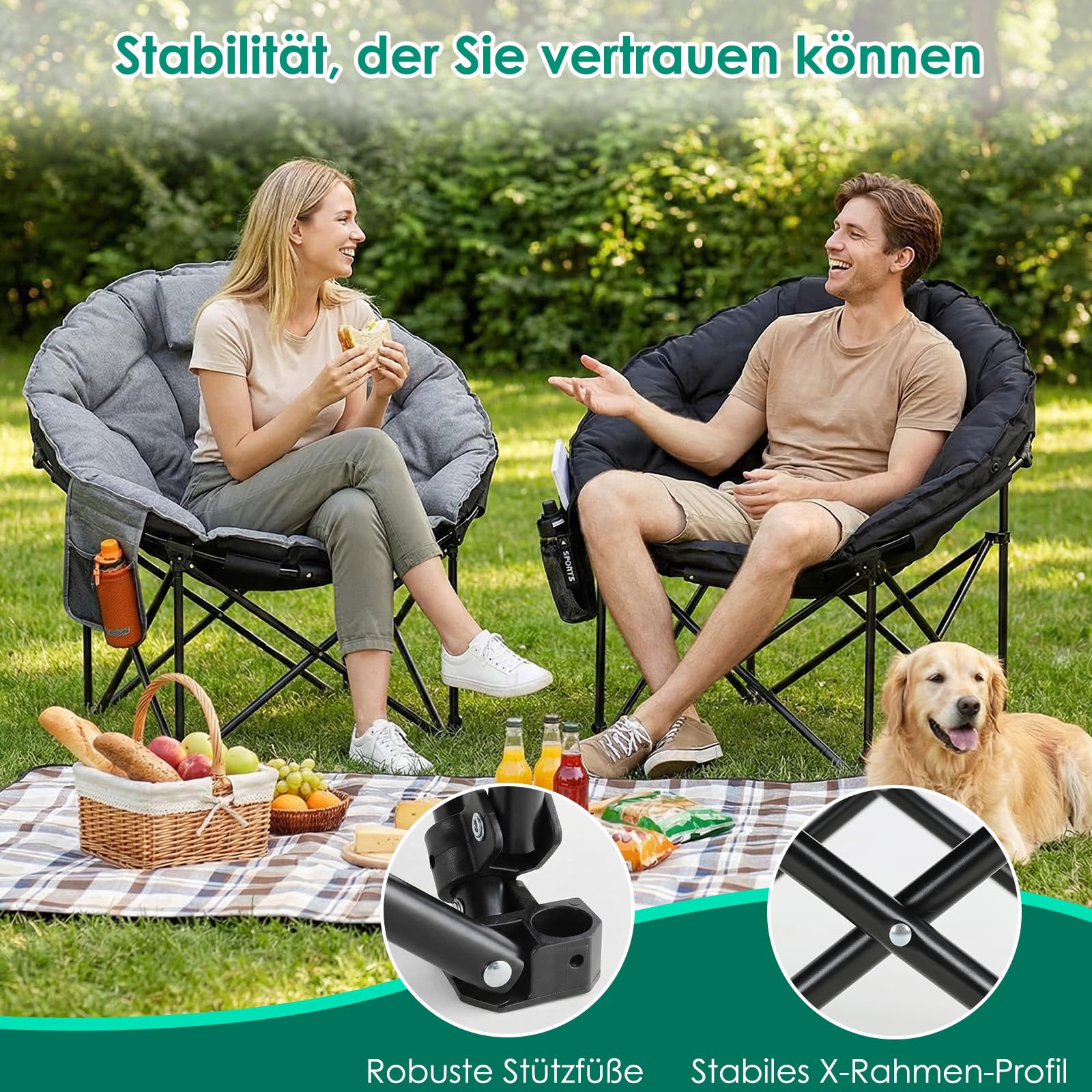 LIFERUN Moonchair XXL składane krzesło kempingowe, 150 kg, sofa kempingowa dla 1 osoby, krzesło składane XXL, do użytku na zewnątrz, do ogrodu, na balkon