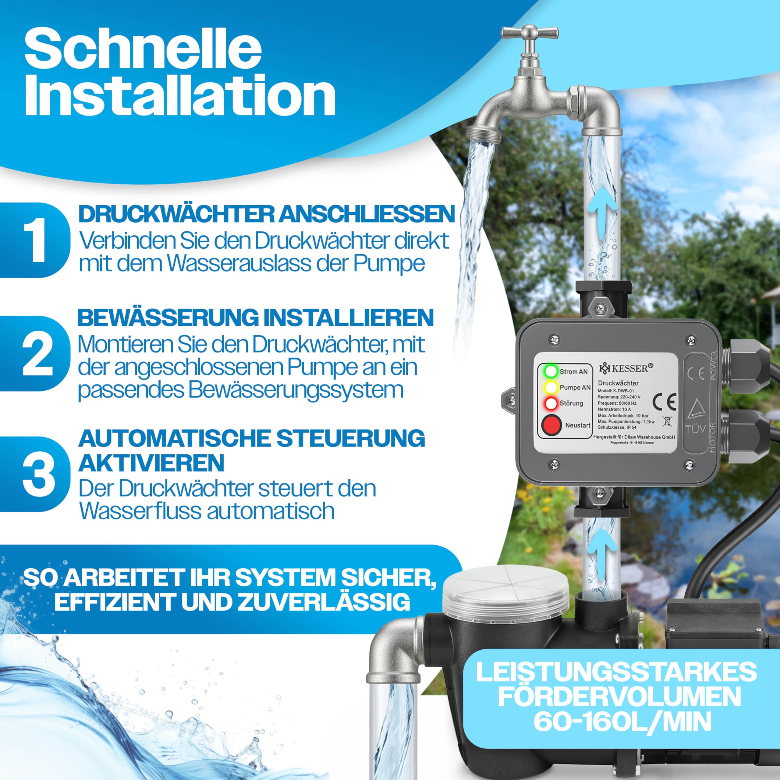 KESSER® Druckwächter Druckschalter | 10 bar Pumpensteuerung | Hauswasserwerk | Gartenbewässerung | Mit Kabel | konstanter Wasserdruck | Garten & Haus | automatisches Ein- und Ausschalten, Anthrazit