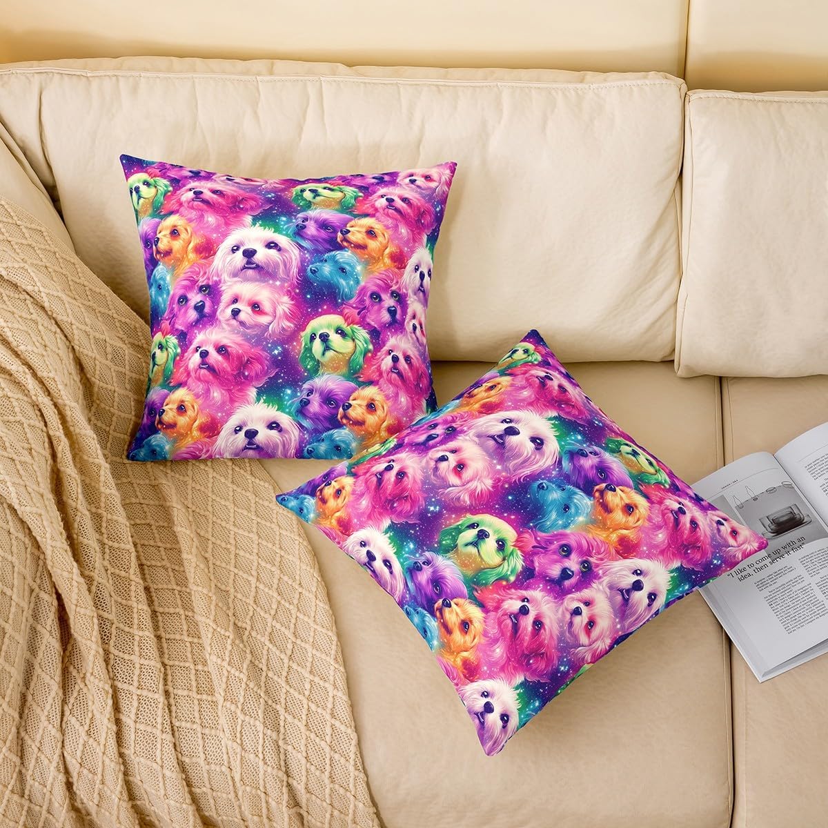 Cute Puppy Double Sides Print Pillow Covers,Lovely Pet Dog Animal Pug Lovers Colorful Pillowcase 2 Pack Cushion Case 24"x 24",Neon Rainbow Starry Magical Glitter Throw Pillow Covers image 2