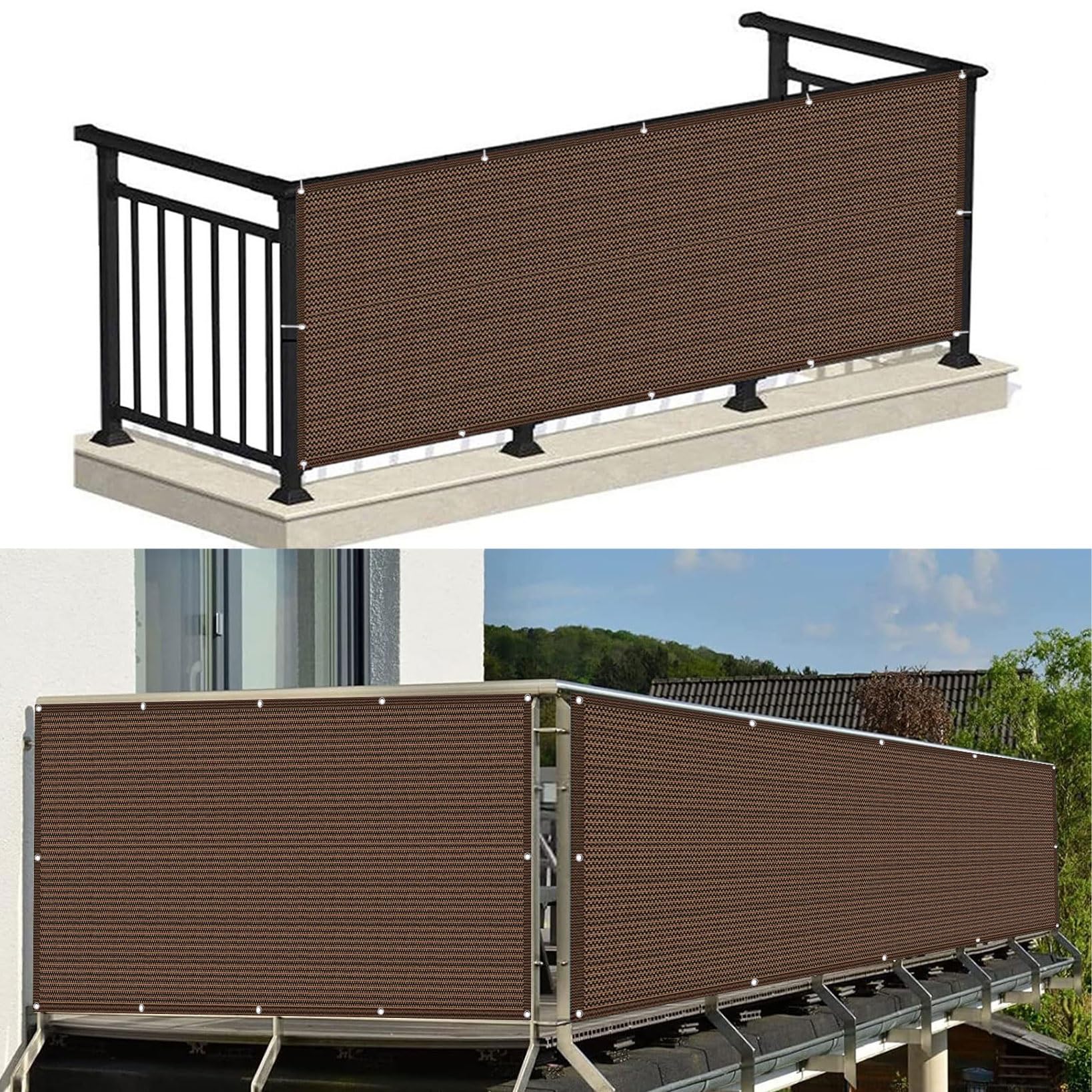 Balkon Sichtschutz Ohne Bohren 150x600 Cm – HDPE, UV-beständig, Mit Alu-Ösen & Befestigungsmaterial, Braun