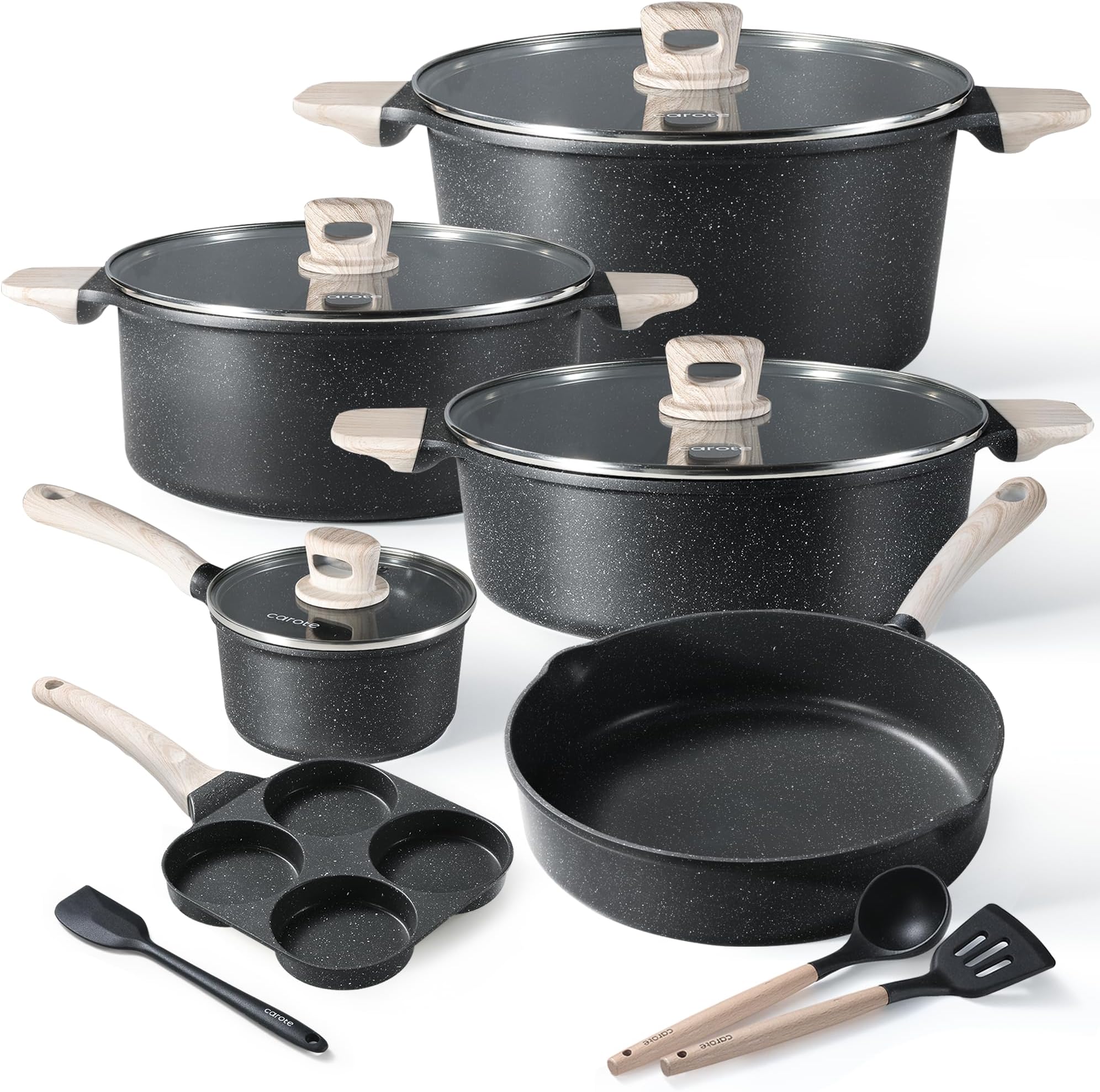 CAROTE Nonstick Pots and Pans Set, Cookware Set Induction Kitchen Cooking Set w/Stock pot & Saucepans, CLassic Black 13pcs