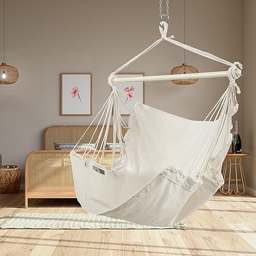 Miniatura 4 de HBlife Silla hamaca de máximo 350 libras silla colgante de gran tamaño con barra de metal portátil de cuerda de algodón hamaca columpio para