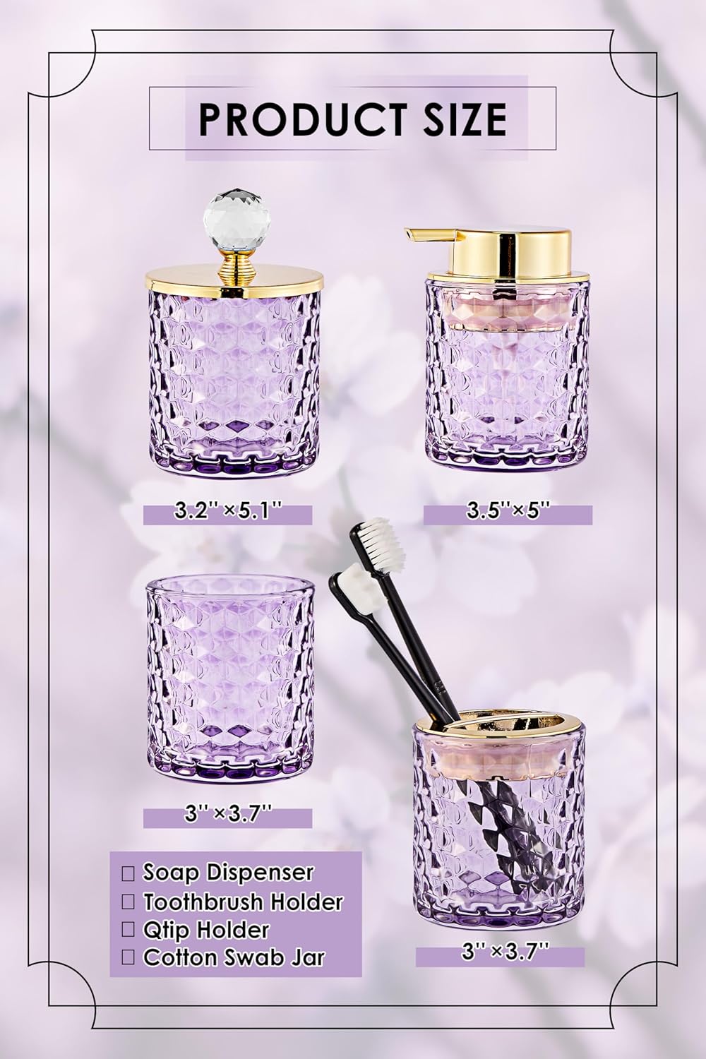 Purple Bathroom Accessories, 4Pcs Purple Bathroom Accessory Set Complete, Toothbrush Holder Set, Soap Dispenser, Qtip Holder, Tumbler, Perfect for Bathroom Decor and Vanity