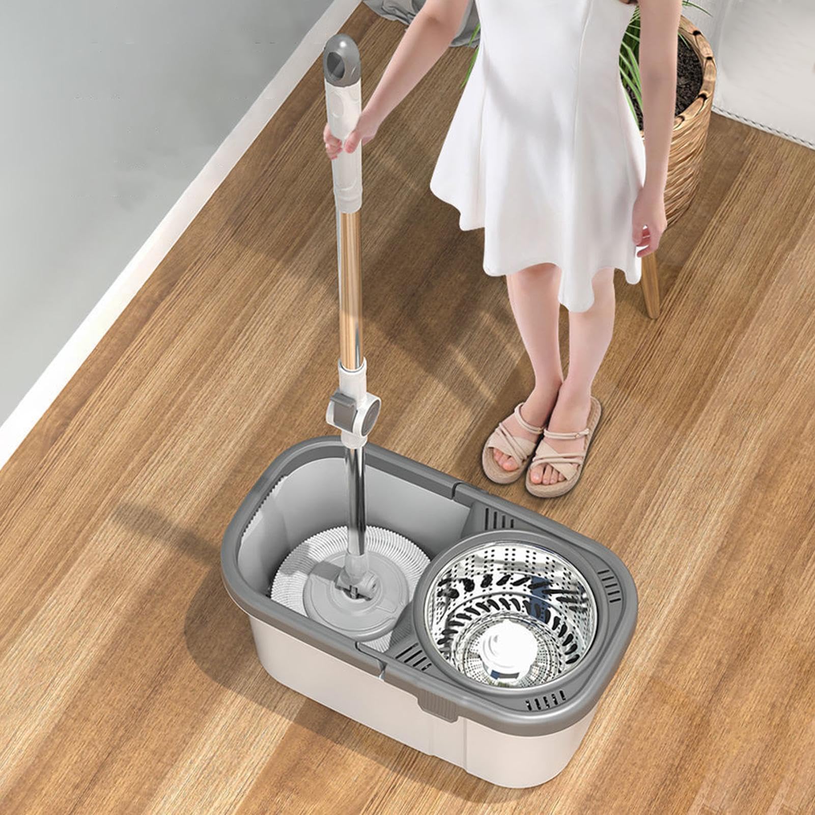 Mopa y cubo - Fregona con escurridor y cubo giratorio - Juego de limpieza del hogar con 2 cabezales intercambiables para cocina, baño, sala de estar