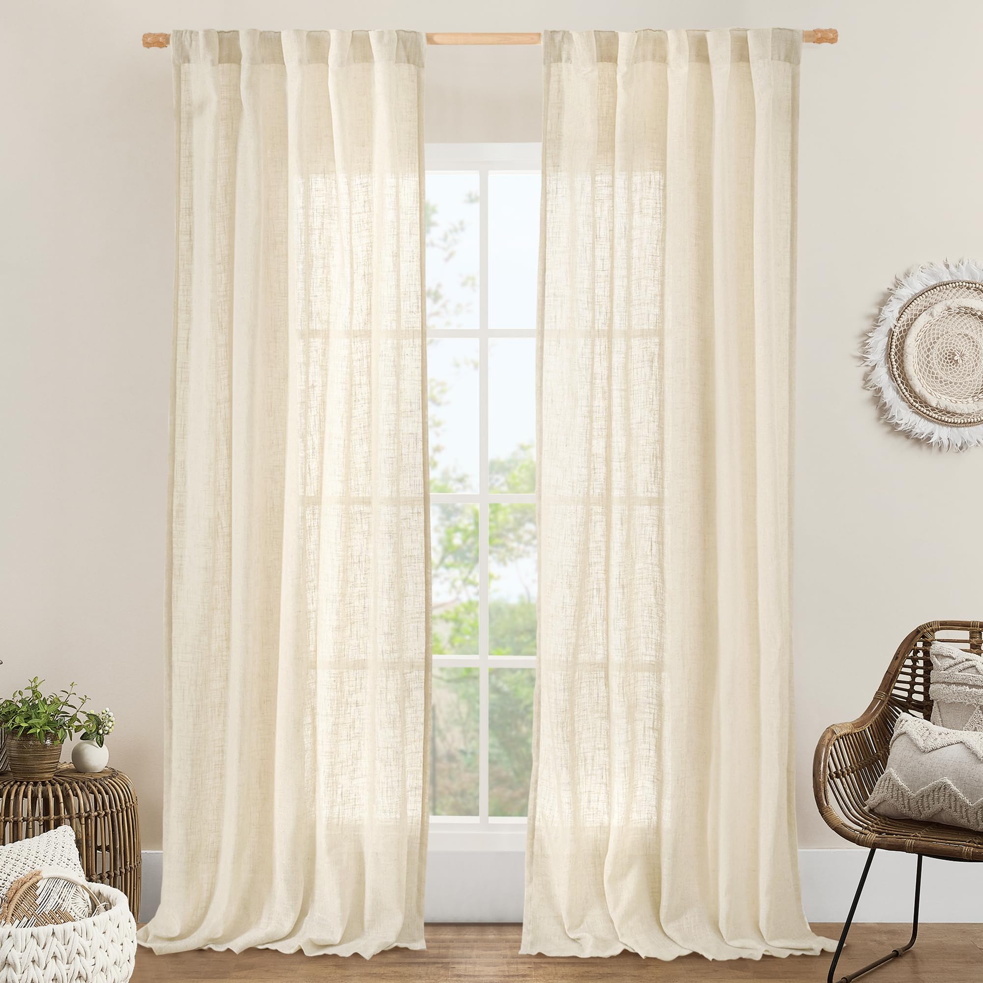 LAMIT Natural Linen Curtains 84 inches Long for Bedroom, Linen Textured Semi Sheer Back Tab and Rod Pocket Boho Drapes for Living Room/Farmhouse, 2 Panels, Beige, 42 x 84 Inch โ image 1
