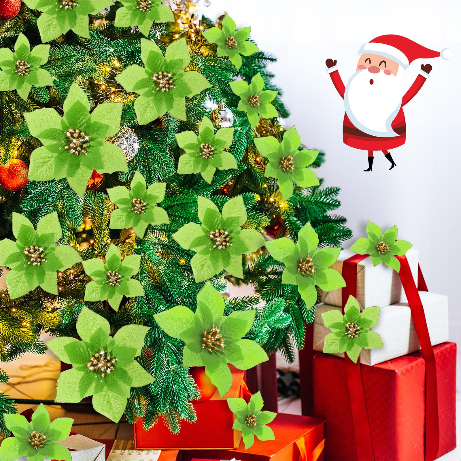 WILLBOND 24 Pieces 3 Size Christmas Glitter Poinsettia Flowers Wedding Faux Flowers Christmas Decoration Ornaments For Christmas tree New Year Home Outdoor Decoration (Green,3.2/4/6 Inches) - Image 4
