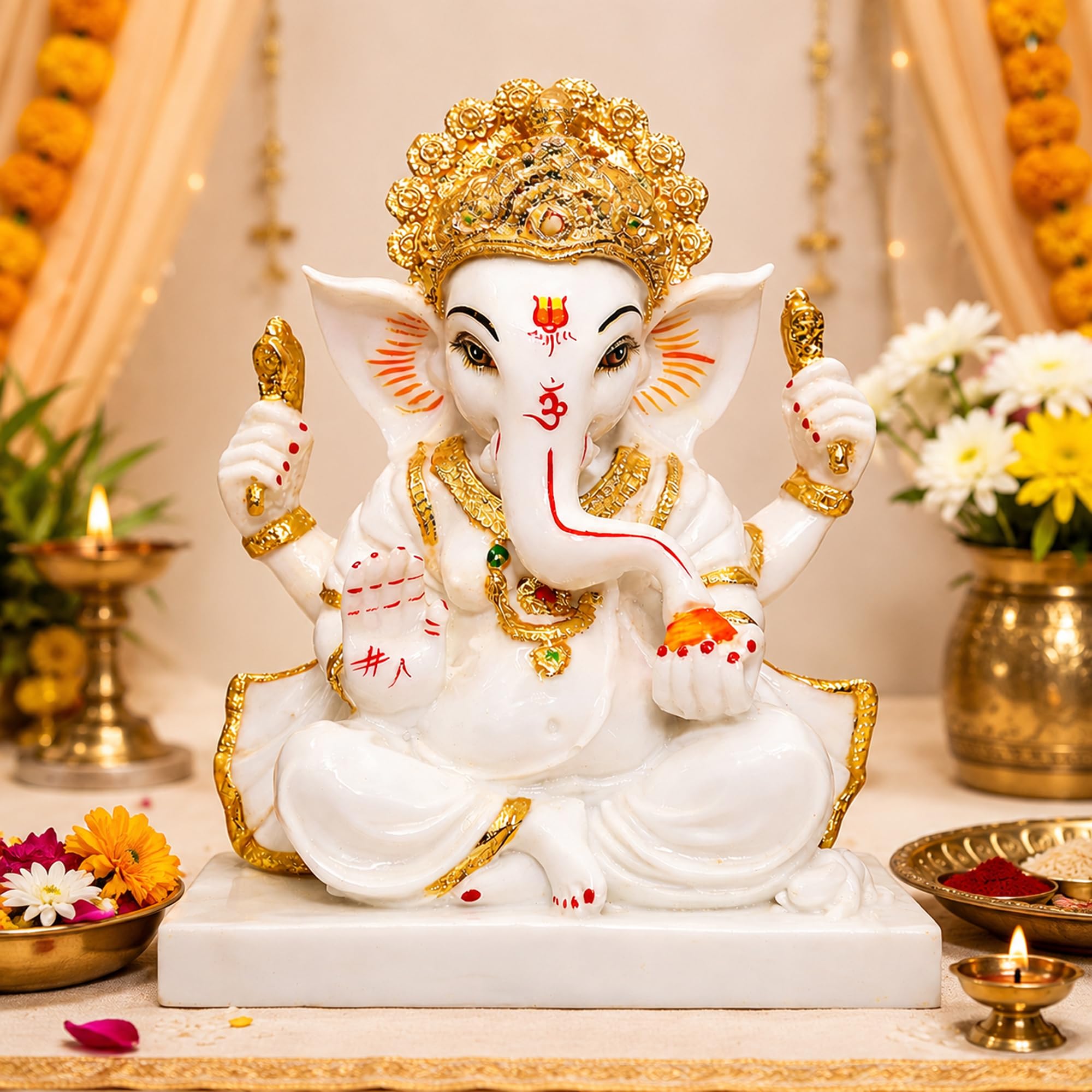 Cyan Collection Handicraft Marble Dust Large Ganesha Idol, Ganpati, Vinayak, White & Golden Color Ganesh Ji Ki Murti Statue/Idol for Home & Office Temple Pooja Room Size: 23H CM x 16W CM (Pack of 1)-image-20