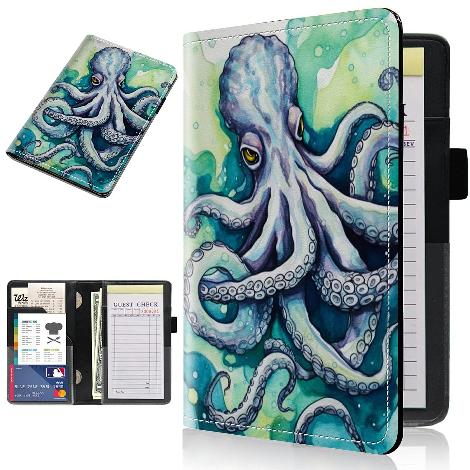 Server Books for Waitress Leather Waitress Book Server with Zipper Money Pocket Cute Green Octopus Pattern Design Serving Book Guest Check Book Holder Fits Server Apron