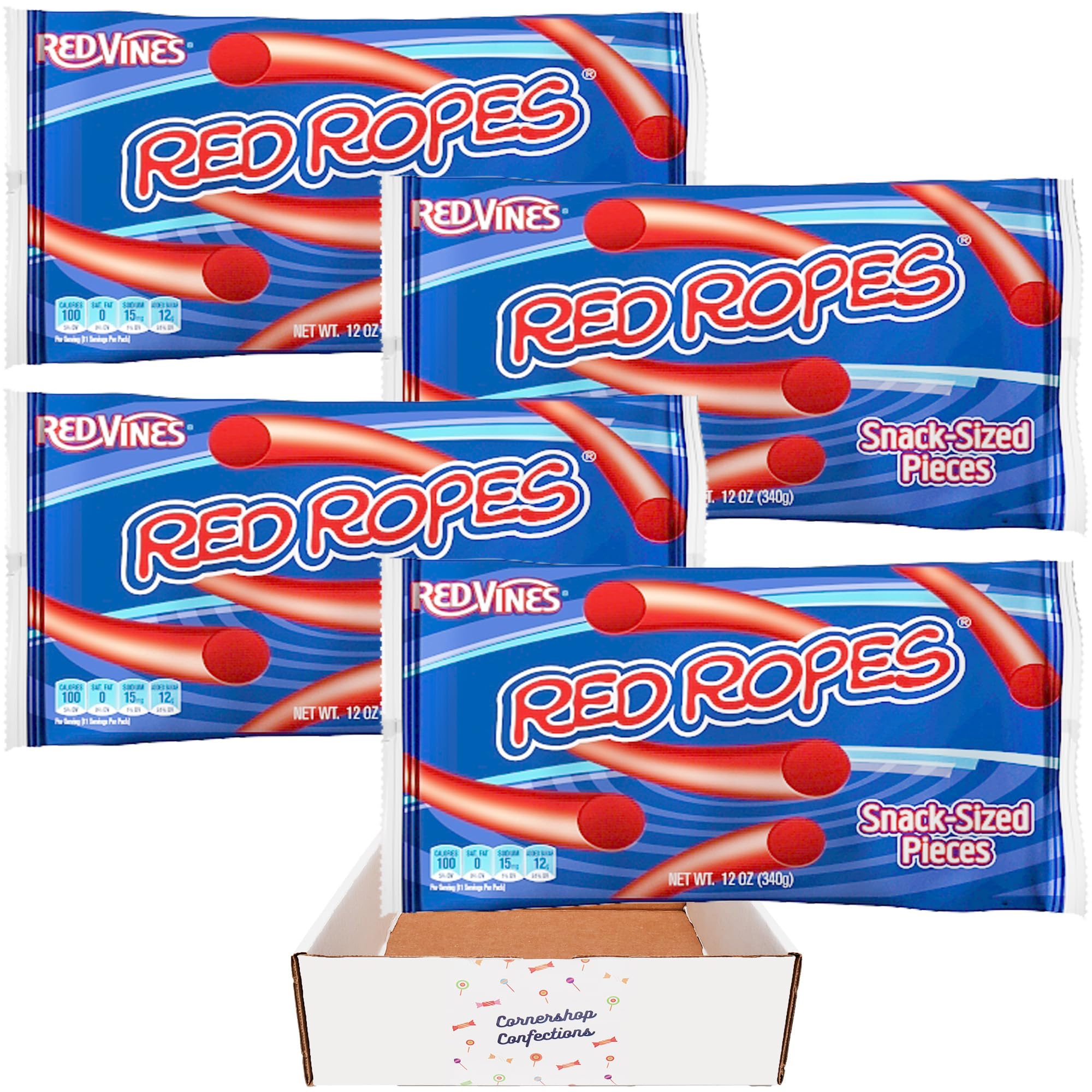Red Vines Red Ropes 3 Pound Bulk Pack - 4 Separate 12oz Resealable Bags - Red Vines Red Ropes Snack-Sized Pieces for Lockers, Car, Gatherings, Lunch Box - In Cornershop Confections Protective Box