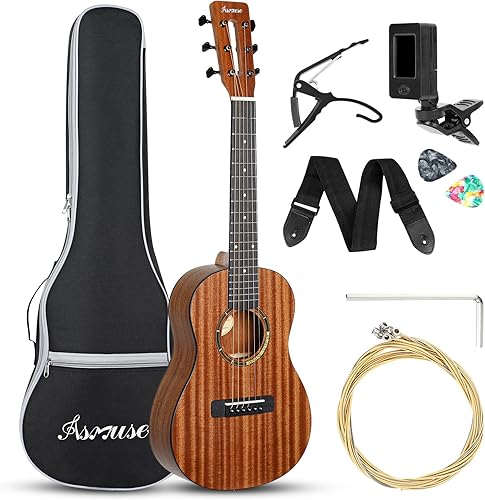 Asmuse Guitarra acústica de 30 pulgadas, kit de guitarra para principiantes de madera sólida con bolsa de concierto, cuerdas adicionales, correa,