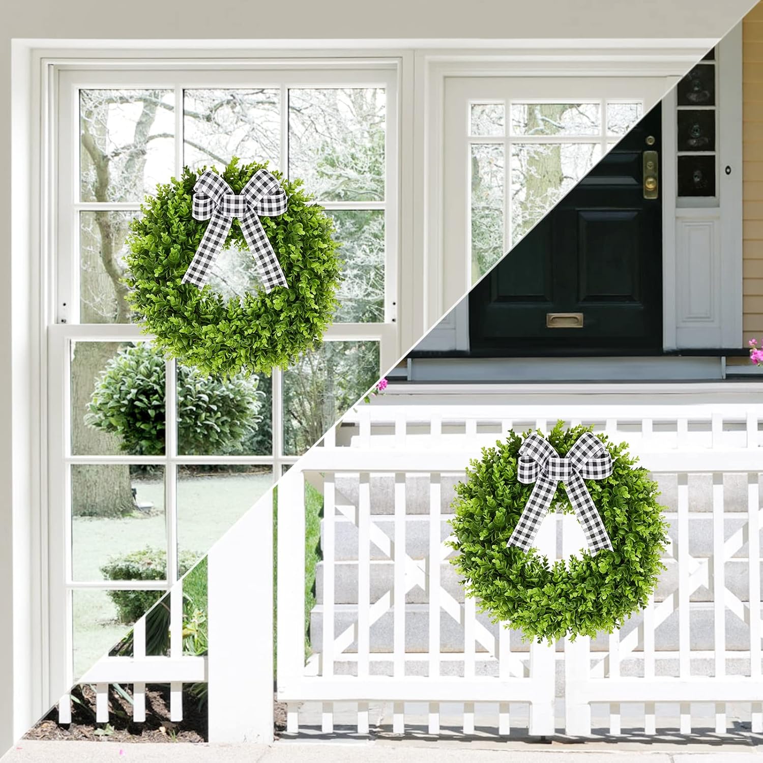 Vlorart 20" Faux Round Boxwood Wreath, Artificial Large Boxwood Wreath Front Door Wreaths Artificial Spring Summer Greenery Hanging with A Plaid Bow for Villa Wall Hanging Window Wedding Party Decor