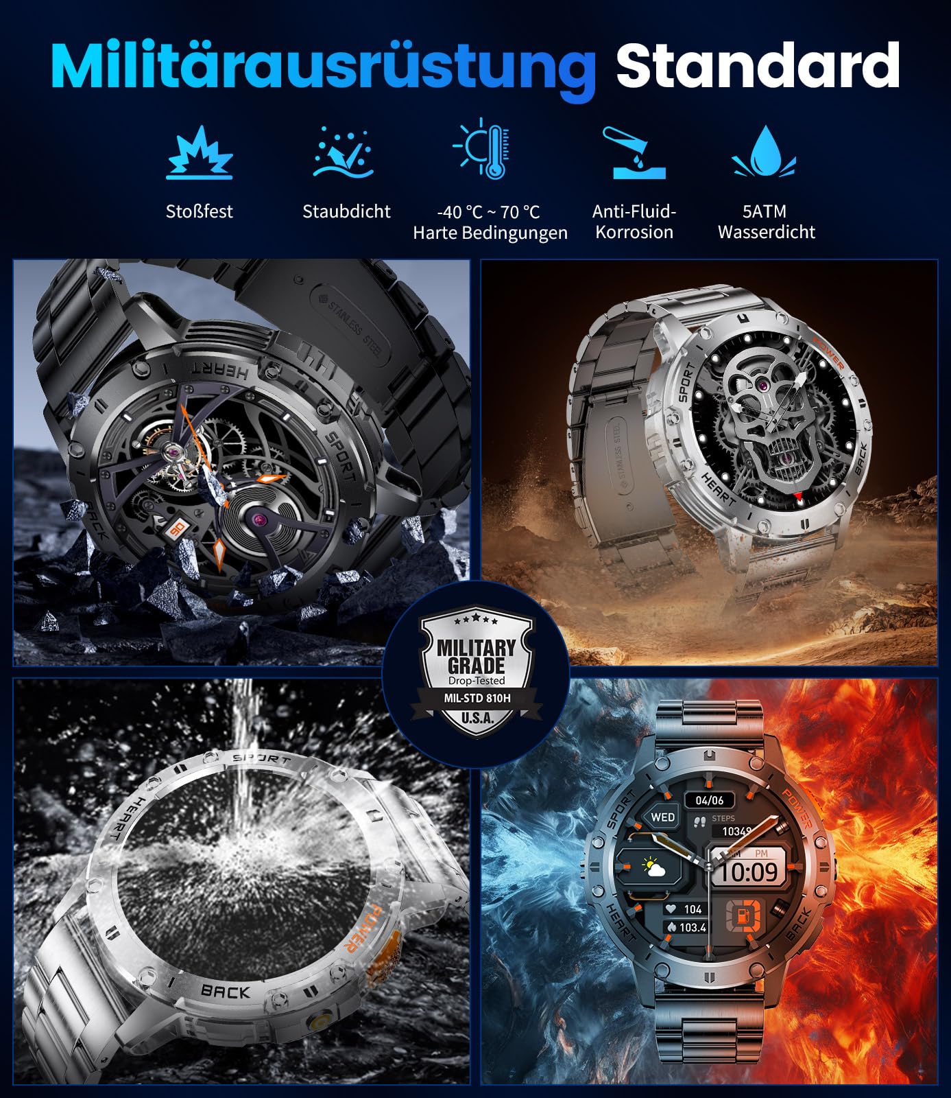 Militär Smartwatch Herren mit LED-Licht/530 mAh Batterie,1,43" AMOLED Smartwatch Fitnessuhr mit 120 Sportmodi/Herzfrequenzmonitor/Schlaf/SpO2,IP68 Wasserdicht Schrittzähler für Android iOS,3 Armbänder