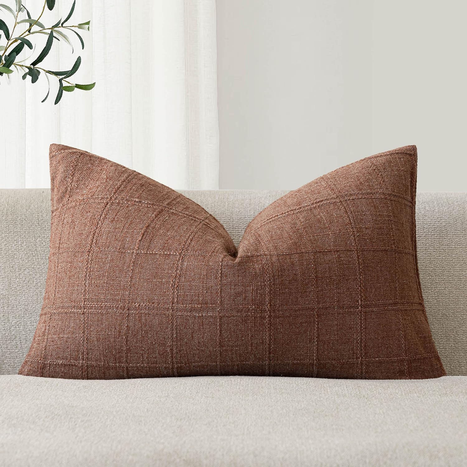 Foindtower Set of 1 Decorative Linen Check Throw Pillow Cover Neutral Farmhouse Lumbar Cushion Cover Modern Boho Home Decor for Sofa Chair Couch Bedroom Living Room Outdoor,12×20 Inch,Autumnal Red