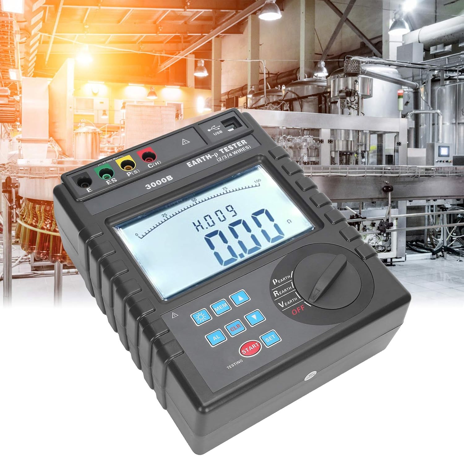 0-9000kΩm Digital Soil Resistivity Meter, Digital Earth Resistance Tester 2‑Pole/3-Pole/4-Pole for Soil Resistivity, Ground Voltage, AC Voltage Measurement