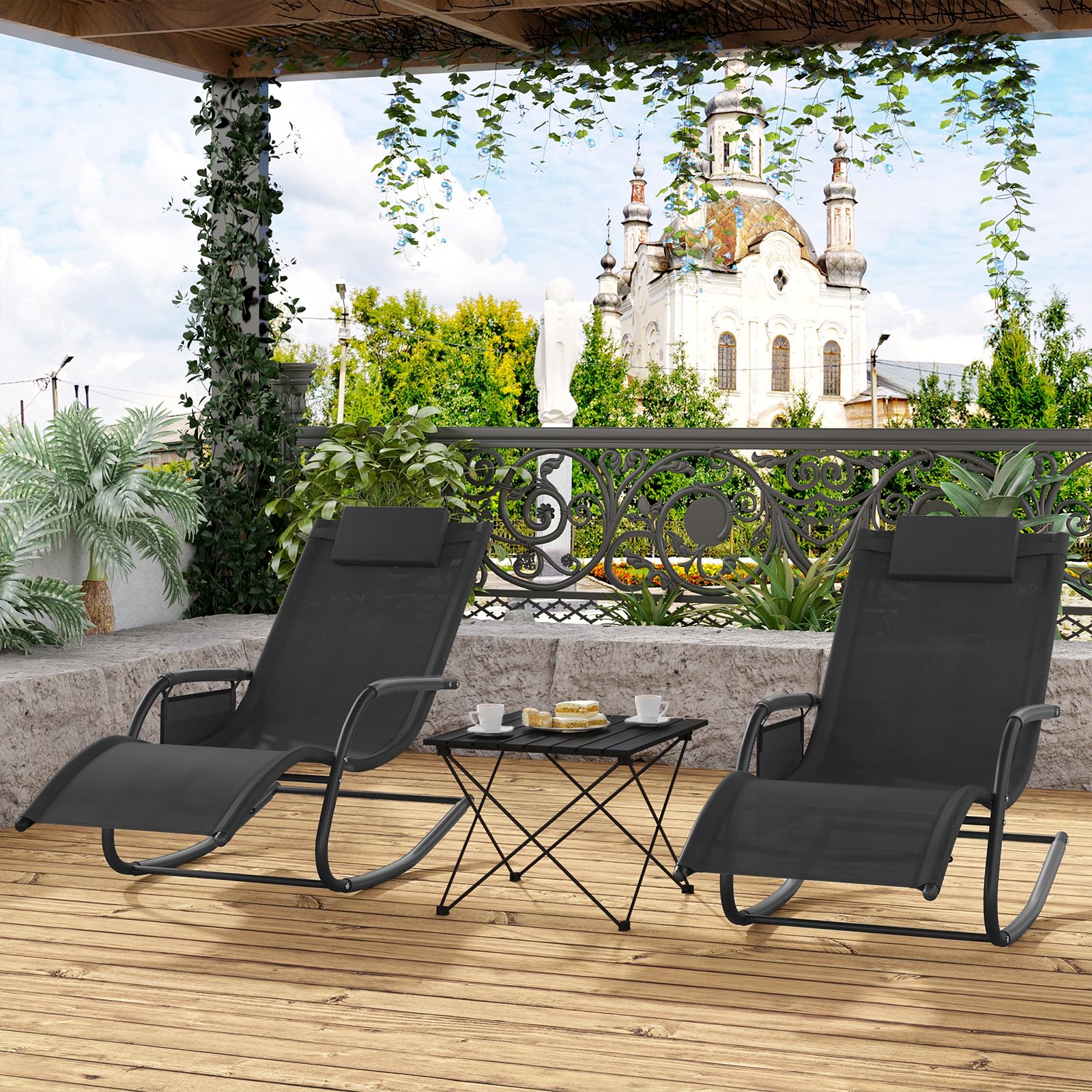 WOLTU Liegestuhl Sonnenliege wetterfest, Gartenliege Schwungliege Outdoor, Relaxsessel Garten bis 150 kg, Relaxliege mit Abnehmbarer Kopfstütze, für Garten und Balkon, Schwarz