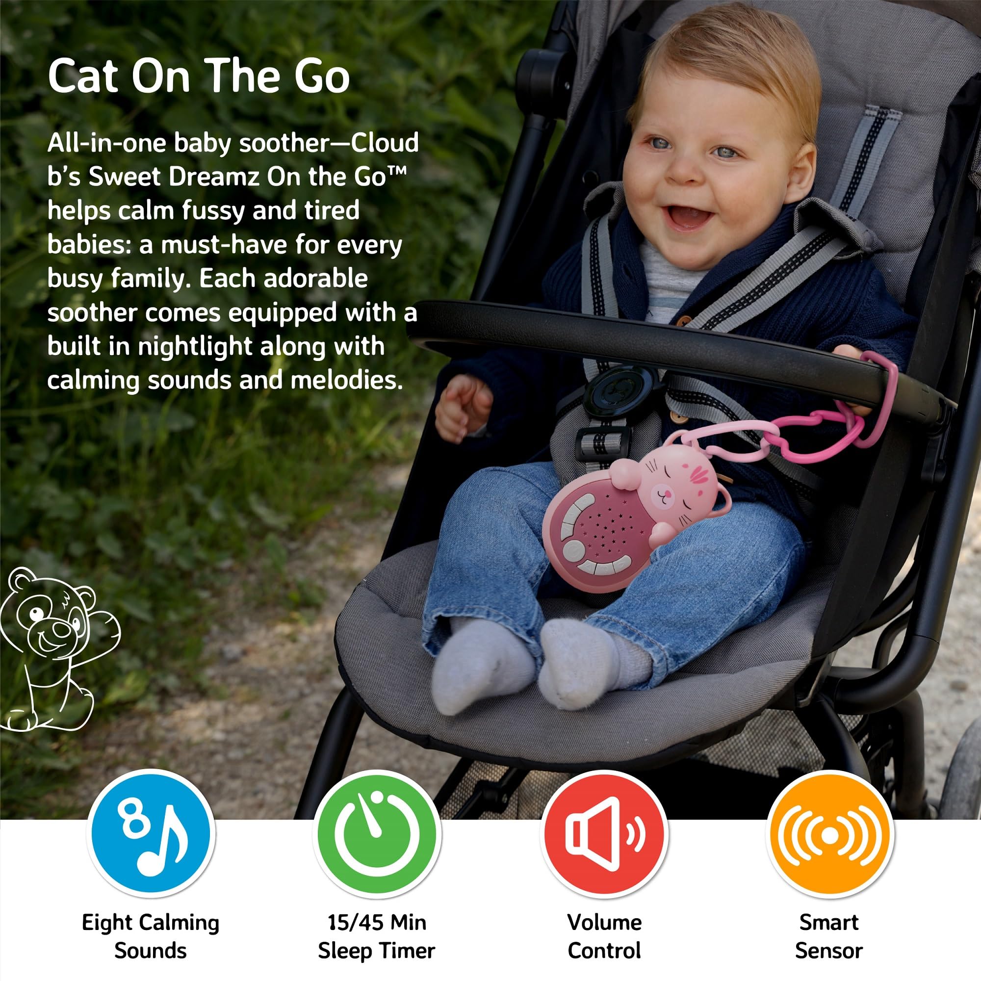 Cloud b Sweet Dreamz On The Go | Macchina del Suono da Viaggio con Luce Calmante | 4 Rumori Bianchi & Ninne Nanne Rilassanti | Sensore Smart Riattivante & Bagliore Soffice |Aiuto Sonno Neonato| Gatto