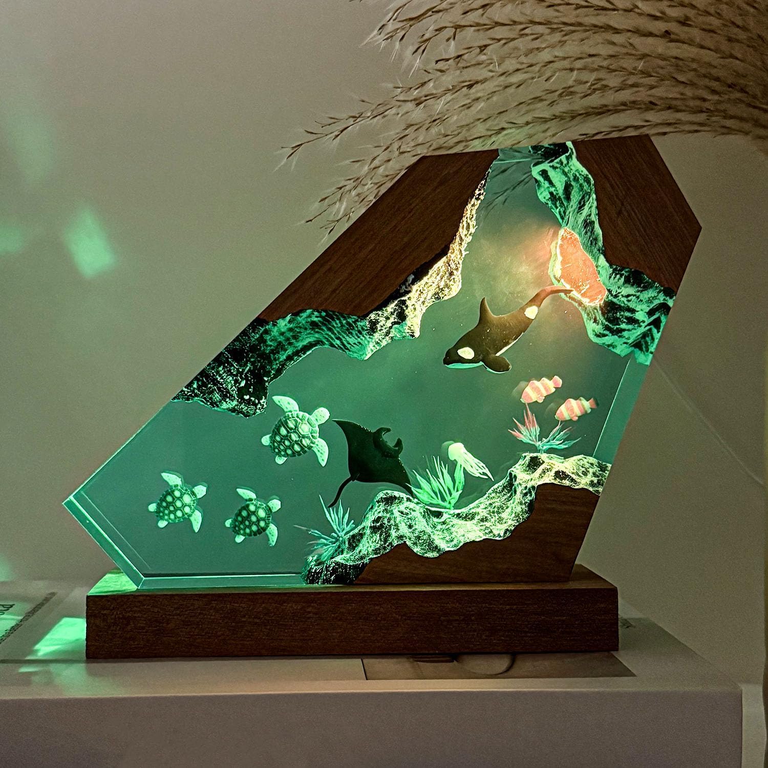 Lampa z żywicy oceanicznej Orca, ręcznie wykonana drewniana lampka stołowa, lampka nocna, port USB, ornamenty do dekoracji domu, biura, prezenty na urodziny, wyjątkowy prezent na Święto Dziękczynienia