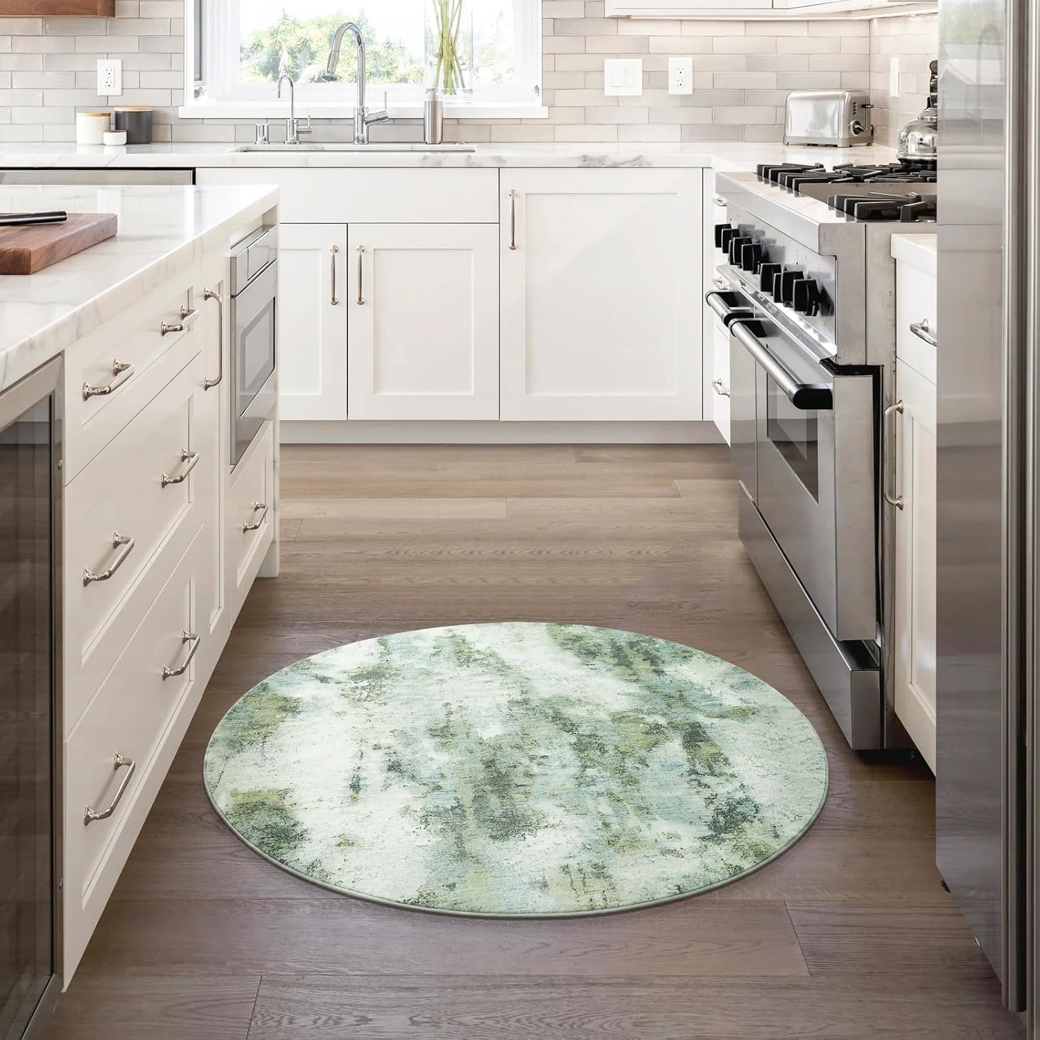 Asrug Small Round Rug 3ft, Abstract 3ft Round Rugs, Non-Slip Washable Circle Rug, Machine Area Rug for Nursery Entryway, Soft Throw Floor Carpet Low Pile for Bathroom Living Bedroom, Green