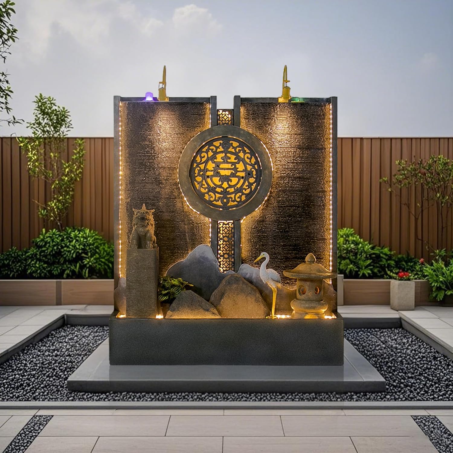 Indoor Outdoor Resin Zen Fountain Wall with LED Lights, Large Water Feature with Circular Design, Landscape Decor with Pump, for Garden, Entryway & Living Room,Spa (Buddha)
