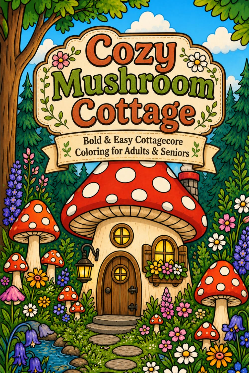 Cozy Mushroom Cottage: A Bold and Easy Coloring Book of Cottagecore Forest Scenes for Adults and Seniors