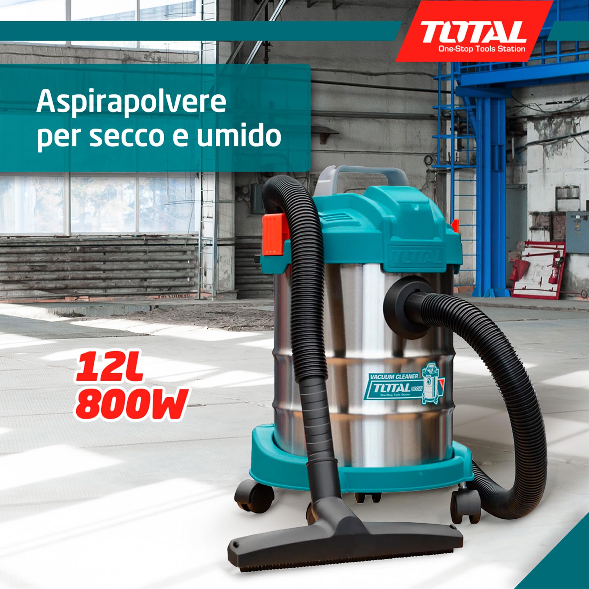 TOTAL - Aspirapolvere | Pulizia profonda a secco e a umido | Alta potenza: 800W | Compatto e facile da usare | Capacità: 12L | Include tubo rimovibile e 2 testine | 31 x 31 x 43