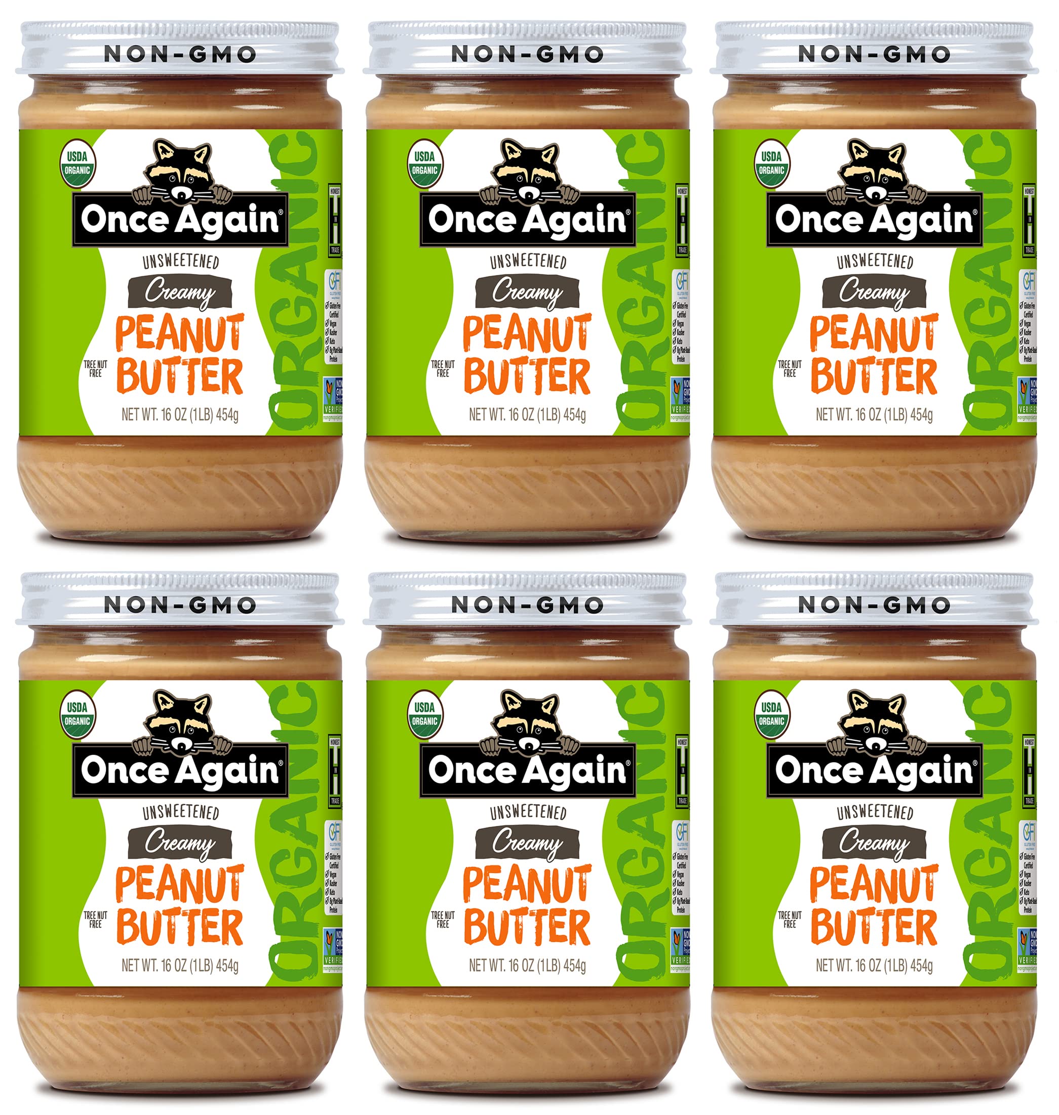 Once Again Organic Creamy Peanut Butter, 16oz - Lightly Salted, Unsweetened - USDA Organic, Gluten Free Certified, Vegan, Kosher - Glass Jar - Case of
