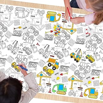 1 Pack Construction Coloring Table Cloth for Kids - Giant Construction Theme Color-in Paper Poster, Dump Truck Painting Activity Tablecloth for Construction Birthday Party Supplies Favors, 54 x 108 In