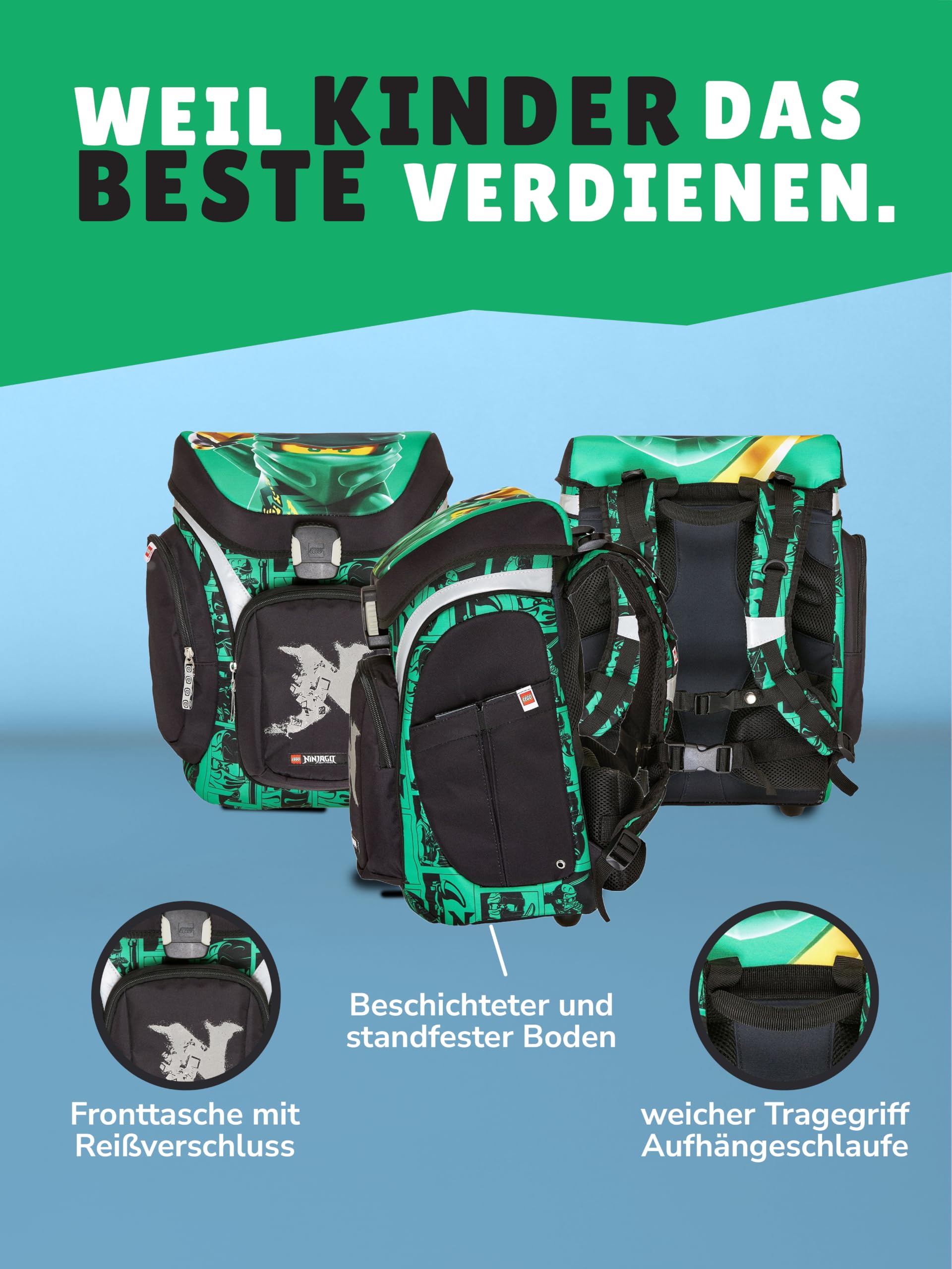 Familando - Schulranzen Set 8-teilig mit Lunch-Set - Ninjago Grün - Ergonomisch, stabil & mit gepolstertem Rücken - 1250g leicht mit 16L Volumen - wasserabweisend und mit Reflektoren - Ab 1. Klasse