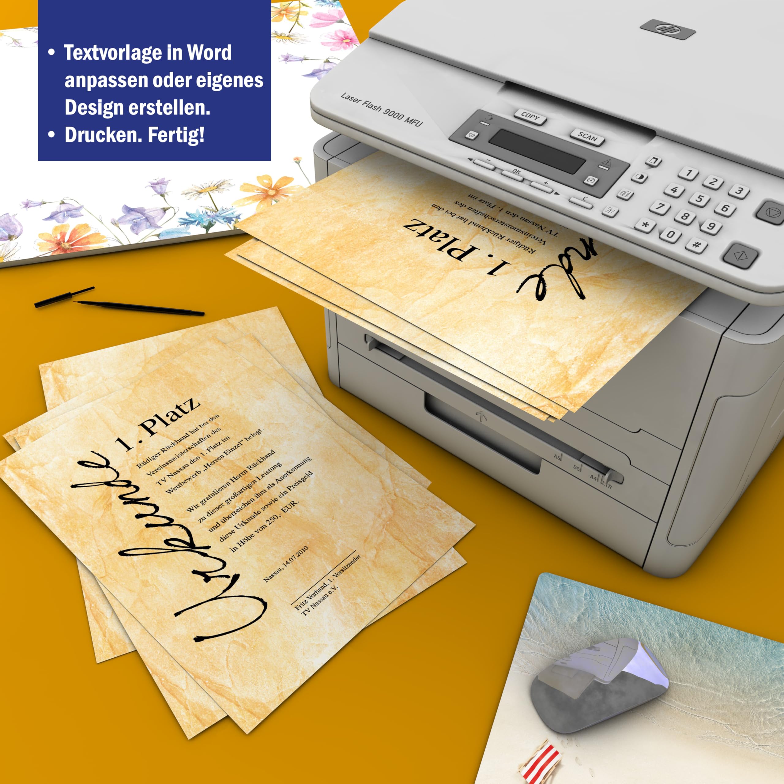 Urkundenpapier DIN A4 190g 100 Blatt „Carrara Classic“ Marmor Design beige – beidseitig bedruckt – inkl. Textvorlagen zum Download