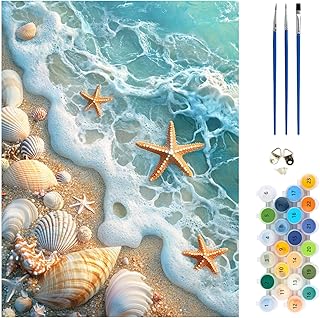 MEIYUDA Beach Paint by Numbers Kit, Ocean Shellfish Paint by Numbers for Adults Beginners, Starfish DIY Acrylic Oil Painting by Number on Canvas for Home Wall Decor Gift 12x16in