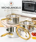 Michelangelo Triply Stainless Steel Saucepan Set, Luxury Hammered Stainless Steel Sauce Pans with Golden Handle, Premium Sauce Pot Set, Induction Compatible