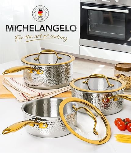 Miniatura 7 de Michelangelo Triply - Juego de cacerolas de acero inoxidable martillado de lujo con mango dorado, juego de ollas de alta calidad, compatible