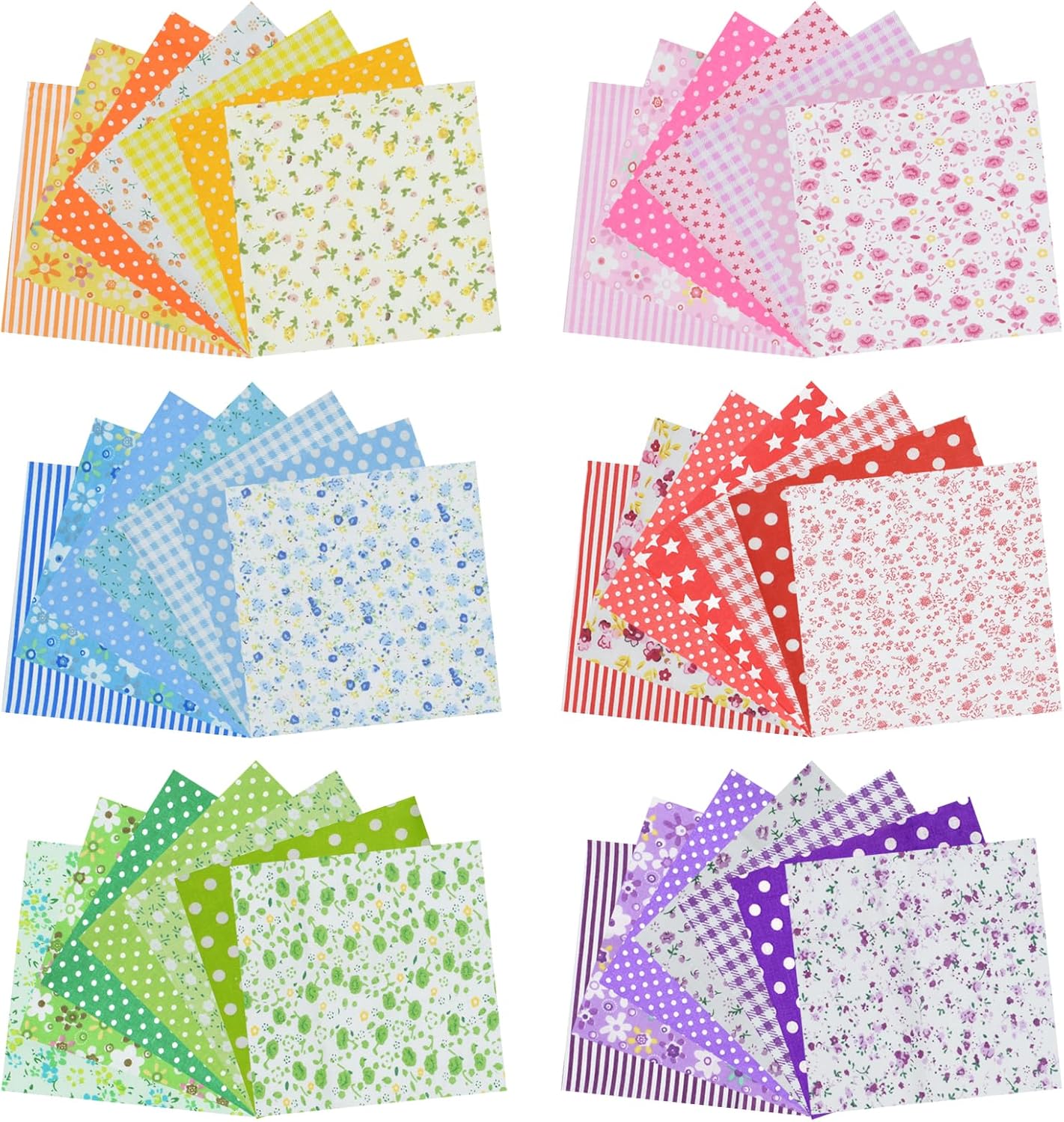 42Pcs 9.8"x 9.8" Fabric Square Quilting Cotton Pre-Cut Bundles Floral Grid Stripe Dot Multicolor Design for Patchwork DIY Sewing Craft Decorating Scrapbook, 6 Color Series