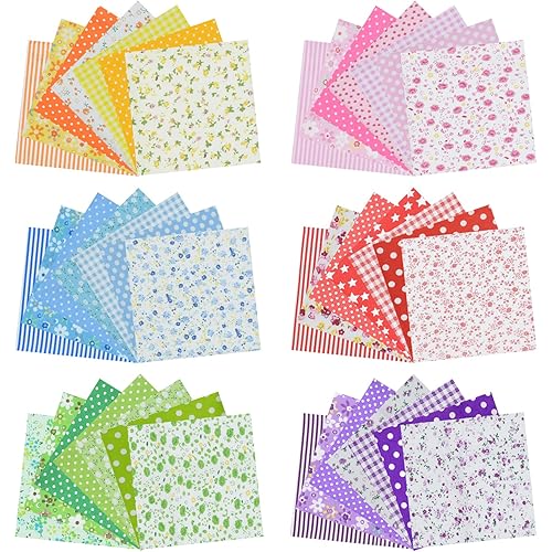42Pcs 9.8"x 9.8" Fabric Square Quilting Cotton Pre-Cut Bundles Floral Grid Stripe Dot Multicolor Design for Patchwork DIY Sewing Craft Decorating Scrapbook, 6 Color Series