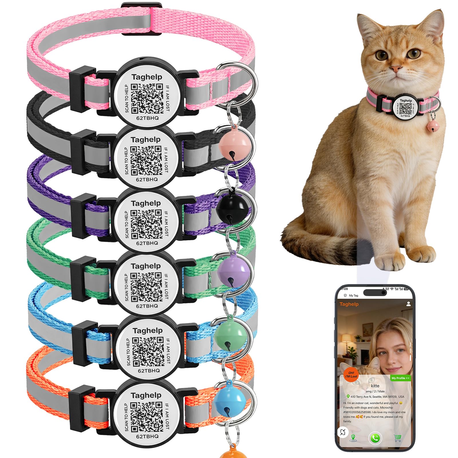 Paquete de 6 collares de gato con campana, bonito collar de gato, ideal para niñas, gatos, niños, gatos, collares reflectantes sólidos y seguros para gatos, etiquetas de identificación de gato con
