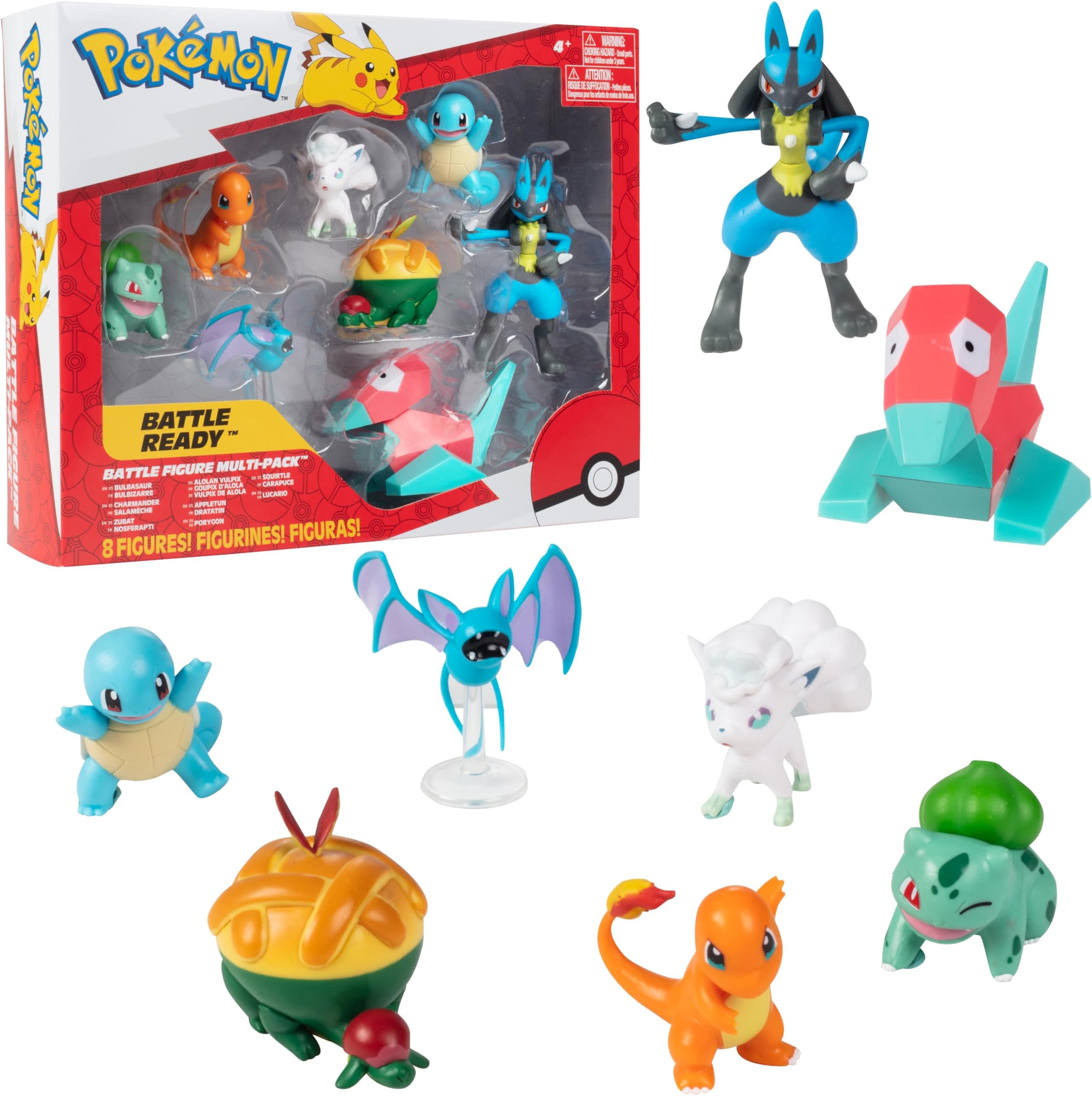 Pokemon Battle Ready! Toy Figure Set, 8 Pieces - 2" & 3" Charmander, Bulbasaur, Squirtle, Lucario, Alolan Vulpix & More - Gift for Kids, Boys, Girls - 4+