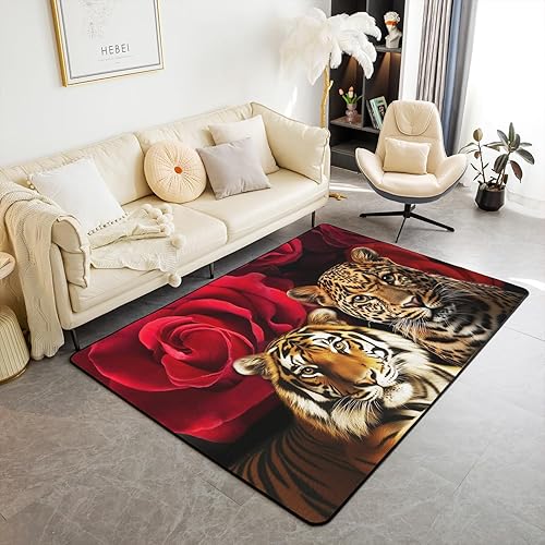 Alfombra decorativa de tigre, 5 x 7 pulgadas, estampado de leopardo, safari, gato, alfombra decorativa para mujer, color rojo y rosa, para sala de