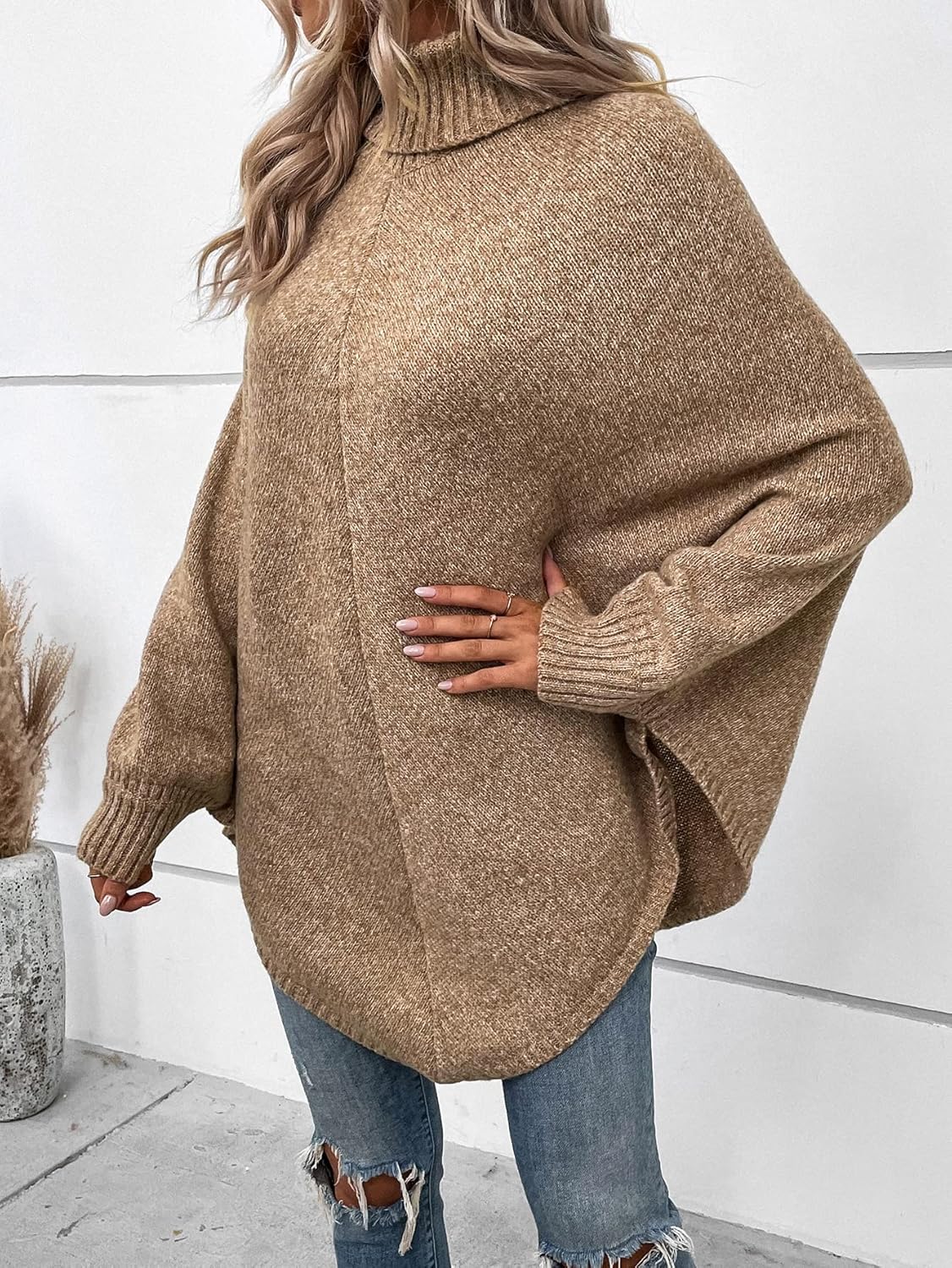 Women's Sweater Turtleneck Batwing Sleeve Asymmetrical Hem Knit Poncho Sweater for Women (Color : Khaki, Size : Medium)