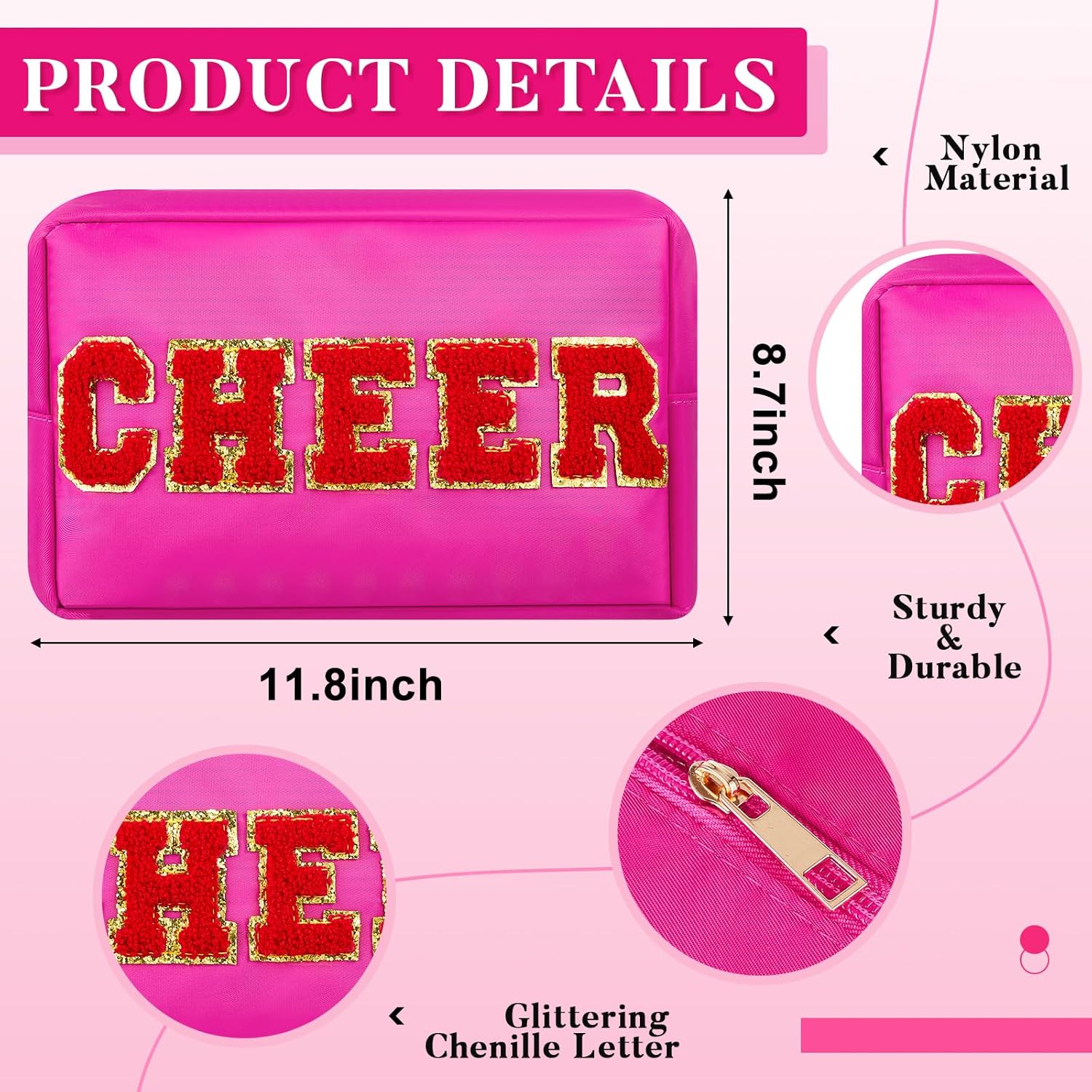 6 Pcs Cheer Makeup Bag Chenille Cosmetic Bag with Letter Patches, Waterproof Portable Cheerleader Toiletry Zipper Pouch for Girls Women Teachers Appreciation Gifts (Pastel Colors) - Image 3