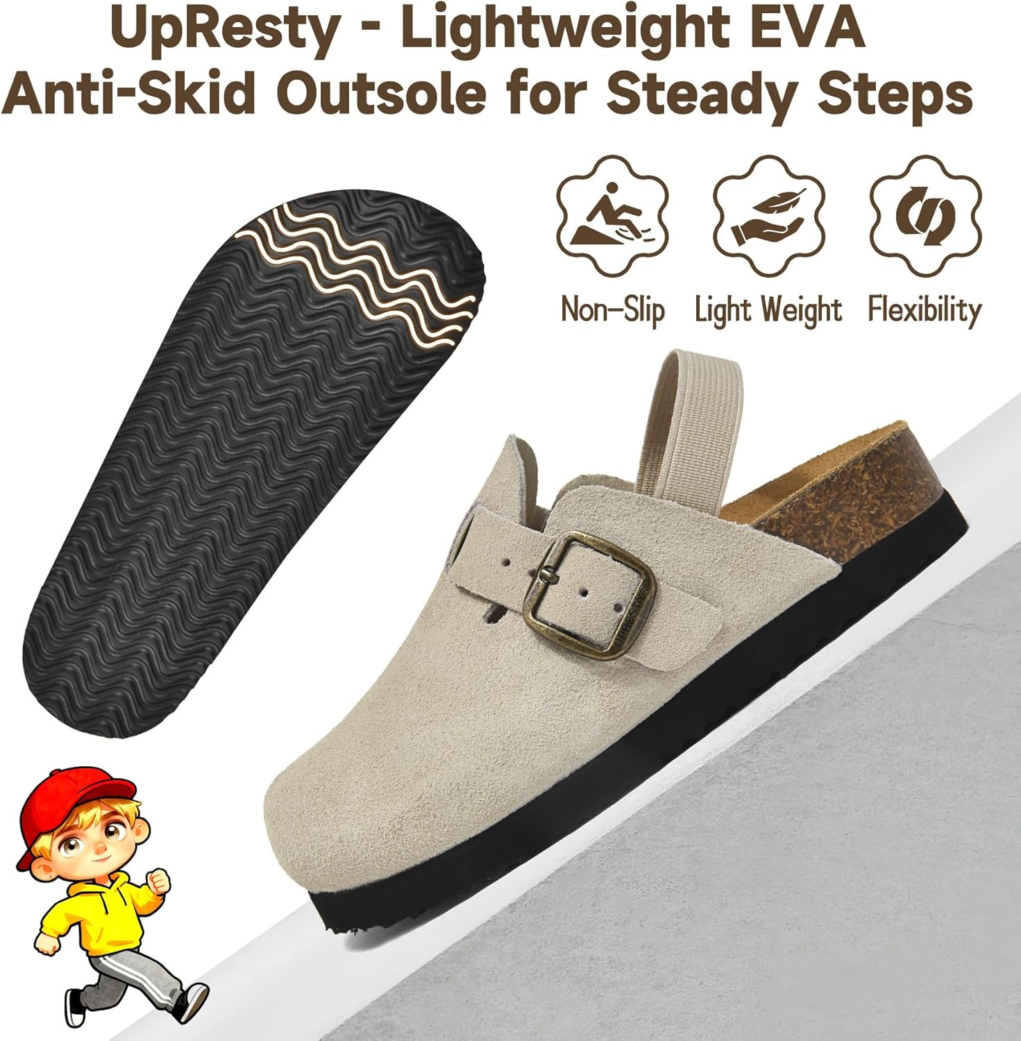 100% Genuine Suede Toddler Kids Clogs with Arch Support, Boys Girls Infant Clogs with Comfort Memory Foam Insole, Non Slip Cork Footbed Mules for Kid with Adjustable Straps - Image 5