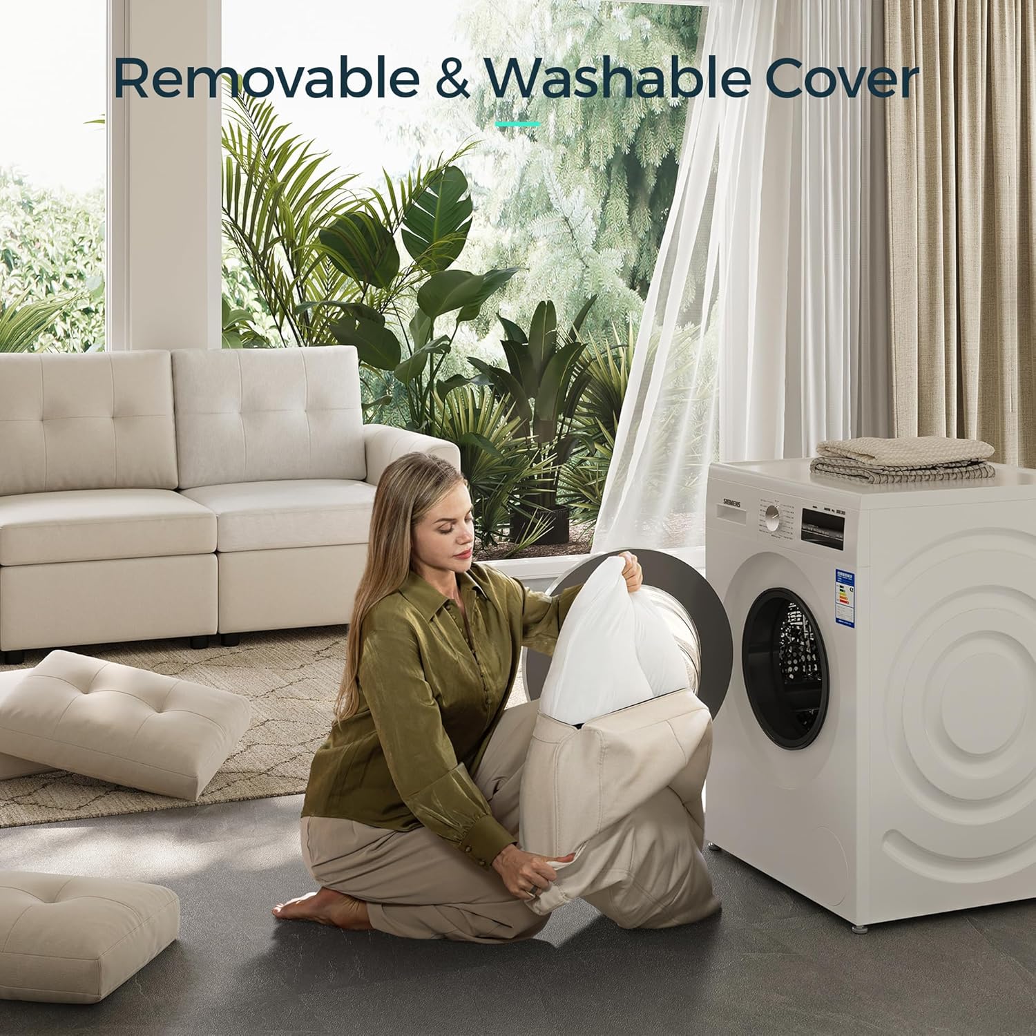 Woman removing a sofa cover to place it in a washing machine