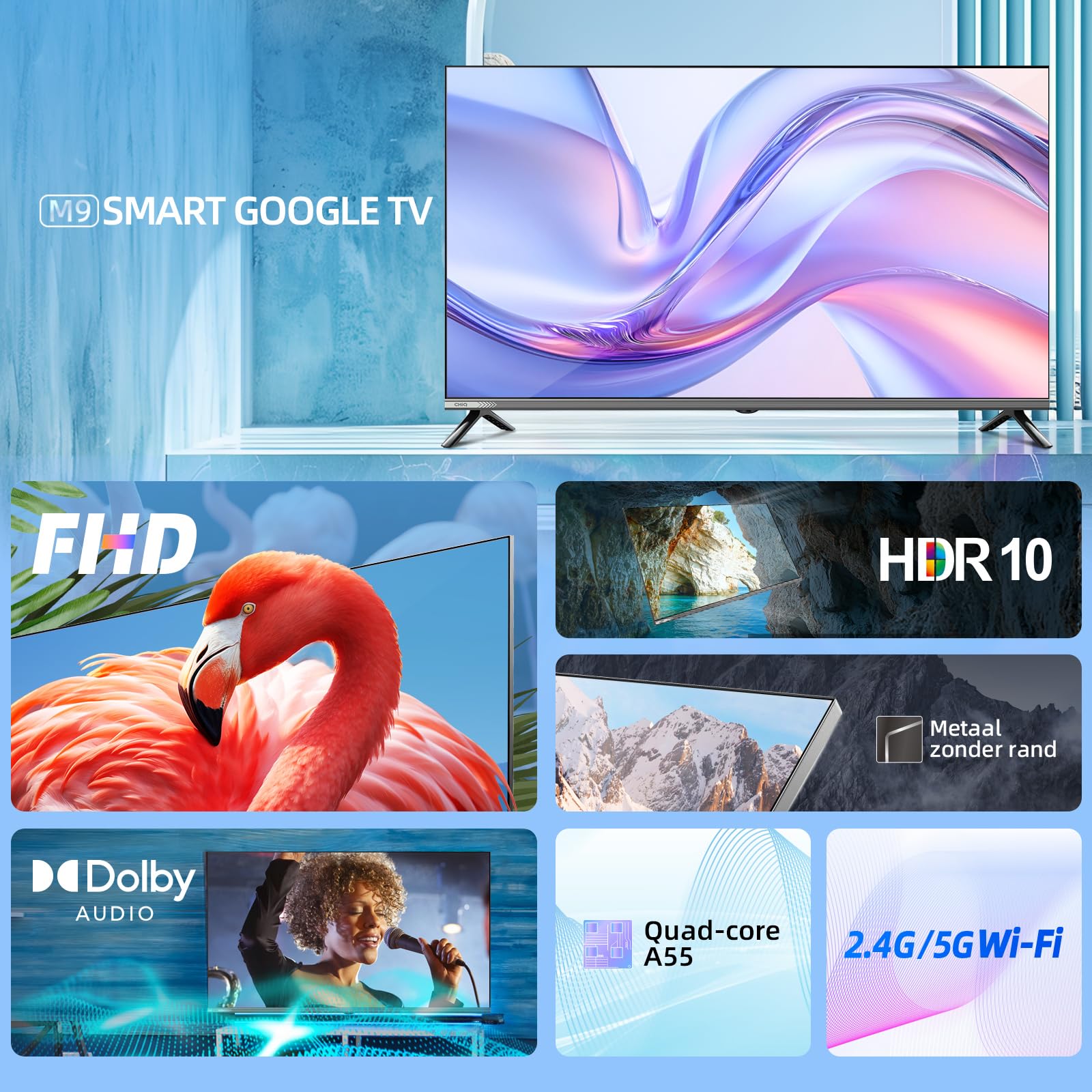 CHiQ L40M9G TV Smart da 40 pollici (100 cm), FHD, HDR10, Google TV, Google Assistant, Sintonizzatore Triplo DVB-C/T/T2/S/S2, Dolby Audio, Dbx-tv, Chromecast integrato, HDMI, Senza Cornice in Metallo
